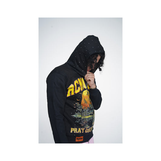Pray.Grind.Stack. Rhinestone Hoodie Black - 400 GSM Heavyweight